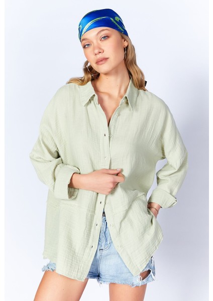 Çağla Müslin Uzun Yıkamalı Oversize Rahat Kalıp Parçalı Kadın Düz Basic Gömlek| EDI100166905-6905