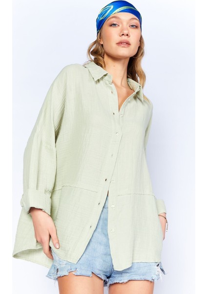 Çağla Müslin Uzun Yıkamalı Oversize Rahat Kalıp Parçalı Kadın Düz Basic Gömlek| EDI100166905-6905 modelleri