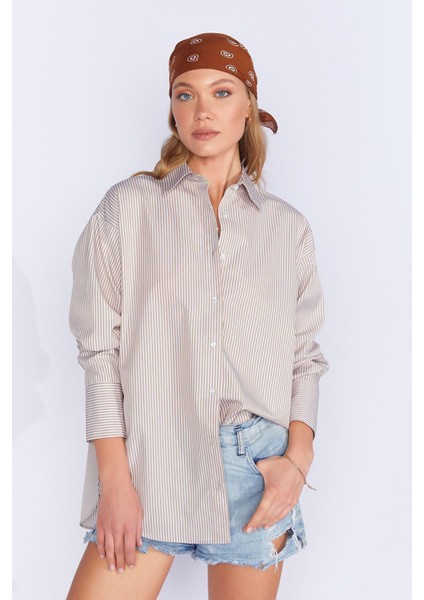 Taş Çizgili Uzun Oversize Rahat Kalıp Basic Kadın Gömlek| EK334348-7174