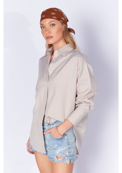 Taş Çizgili Uzun Oversize Rahat Kalıp Basic Kadın Gömlek| EK334348-7174
