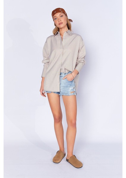 Taş Çizgili Uzun Oversize Rahat Kalıp Basic Kadın Gömlek| EK334348-7174