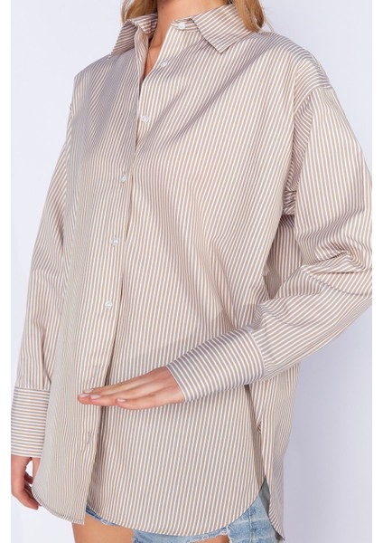 Taş Çizgili Uzun Oversize Rahat Kalıp Basic Kadın Gömlek| EK334348-7174