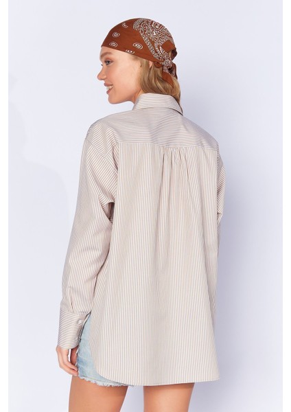 Taş Çizgili Uzun Oversize Rahat Kalıp Basic Kadın Gömlek| EK334348-7174