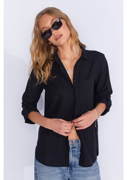 Siyah Cepli Keten Efektli Kadın Gömlek| MKS163420-01-3420