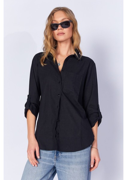 Siyah Cepli Keten Efektli Kadın Gömlek| MKS163420-01-3420 fiyatları