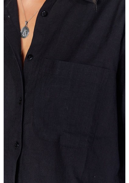 Siyah Cepli Keten Efektli Kadın Gömlek| MKS163420-01-3420 fırsatları