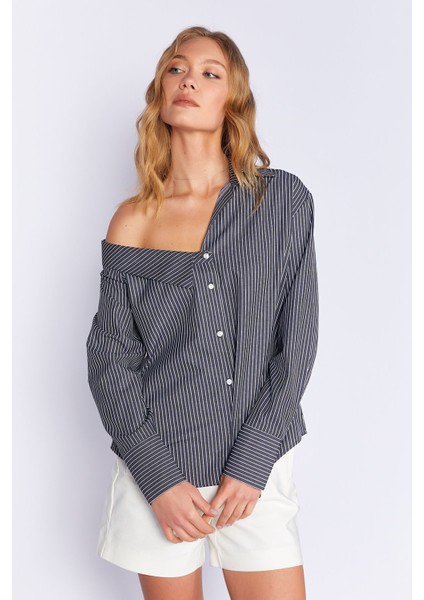 Siyah Asimetrik Uzun Kollu Çizgili Gömlek| EK1000169141-9141 fiyatları