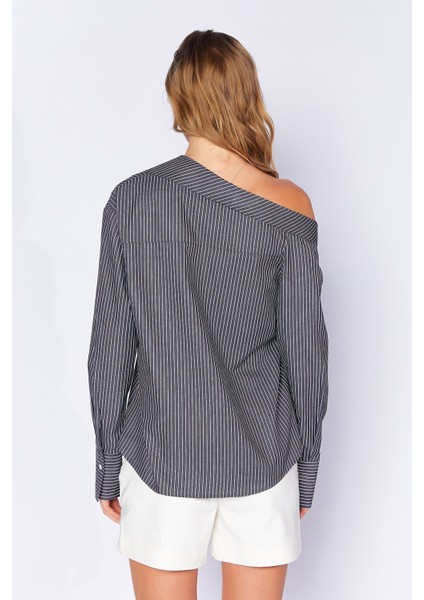 Siyah Asimetrik Uzun Kollu Çizgili Gömlek| EK1000169141-9141 indirimleri