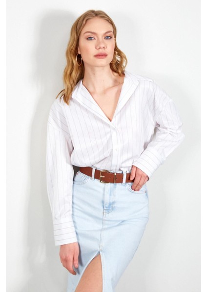 Bej Çizgili Kadın Gömlek| EK334862-7431