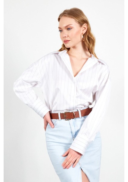 Bej Çizgili Kadın Gömlek| EK334862-7431 fırsatları