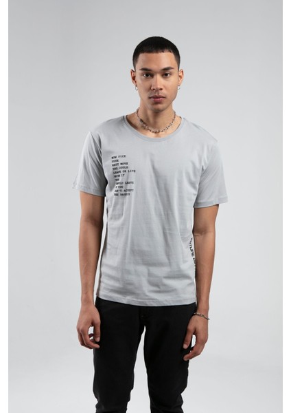 Boyama Gri Bisiklet Yaka Kısa Kollu Baskılı %100 Pamuklu T-Shirt| EE10008844-8844