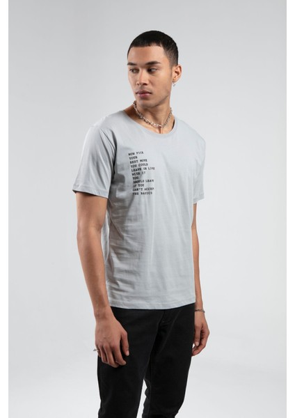 Boyama Gri Bisiklet Yaka Kısa Kollu Baskılı %100 Pamuklu T-Shirt| EE10008844-8844