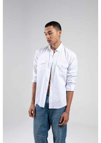 Beyaz Erkek Çift Cep Kapaklı Slim Fit Gömlek| EE1008783-8783 fiyatları