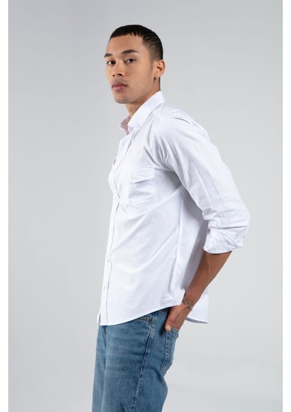 Beyaz Erkek Çift Cep Kapaklı Slim Fit Gömlek| EE1008783-8783 modelleri