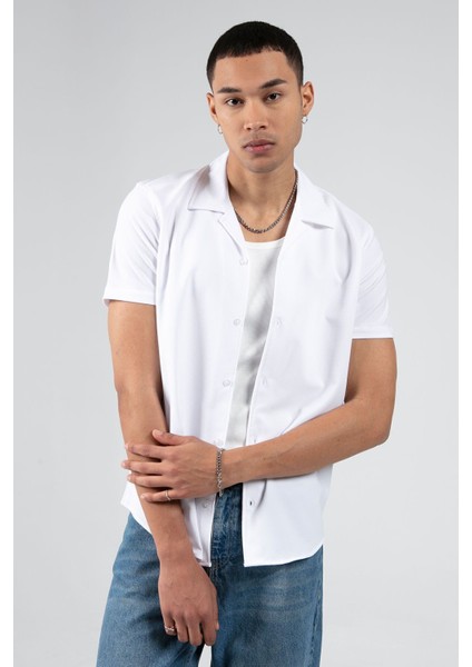 Beyaz Erkek Slim Fit Apaş Yaka Yazlık Gömlek| EE1007927-7927