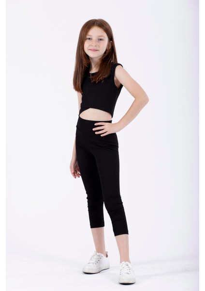 Bisiklet Yaka Sıfır Kol Capraz Bel Detaylı Sıyah Renk Kız Cocuk Tshırt fiyatları