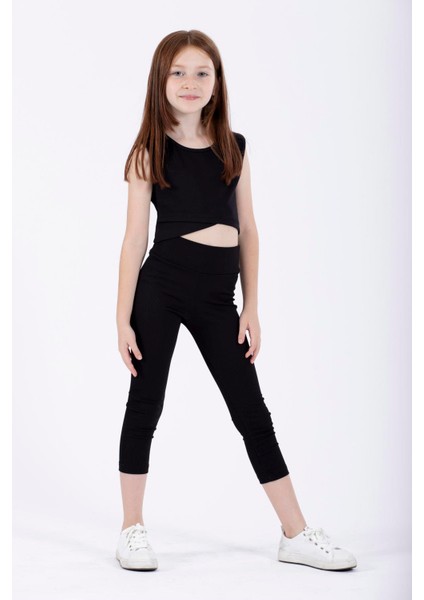 Bisiklet Yaka Sıfır Kol Capraz Bel Detaylı Sıyah Renk Kız Cocuk Tshırt modelleri