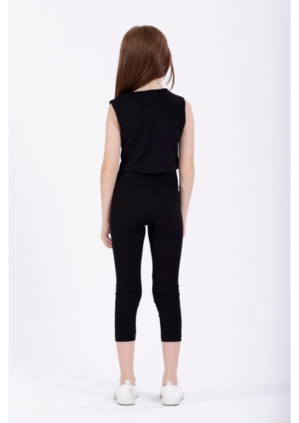 Bisiklet Yaka Sıfır Kol Capraz Bel Detaylı Sıyah Renk Kız Cocuk Tshırt fırsatları