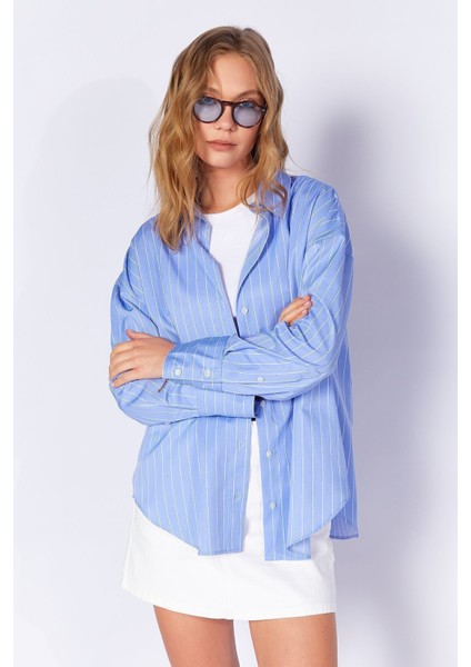 Mavi Kadın Çizgili Oversize Gömlek| EK1007430-7430