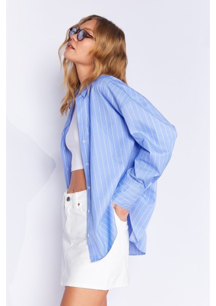 Mavi Kadın Çizgili Oversize Gömlek| EK1007430-7430 fiyatları