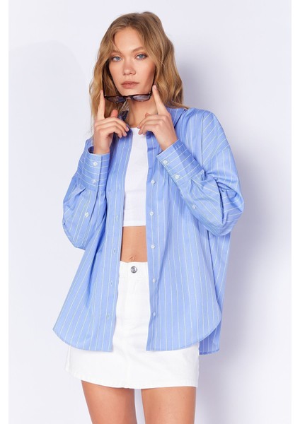Mavi Kadın Çizgili Oversize Gömlek| EK1007430-7430 modelleri