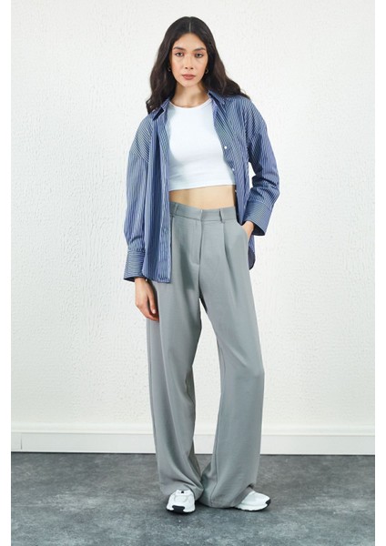 Lacivert Ince Çizgili Pamuk Saten Oversize Rahat Kalıp Kadın Basic Gömlek| EK334864
