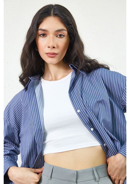 Lacivert Ince Çizgili Pamuk Saten Oversize Rahat Kalıp Kadın Basic Gömlek| EK334864 modelleri