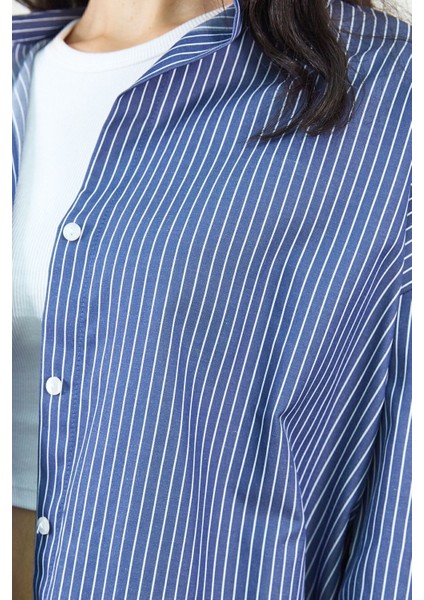 Lacivert Ince Çizgili Pamuk Saten Oversize Rahat Kalıp Kadın Basic Gömlek| EK334864 fırsatları