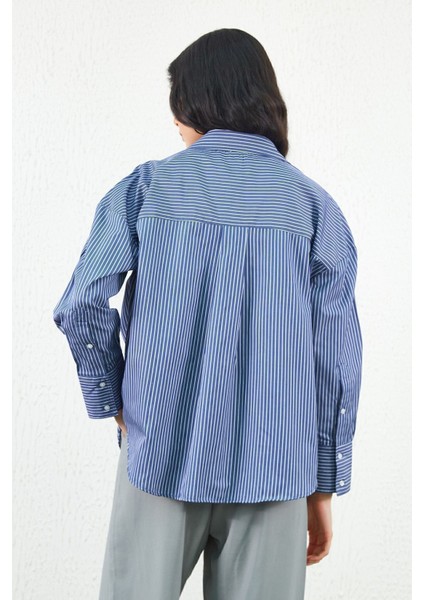 Lacivert Ince Çizgili Pamuk Saten Oversize Rahat Kalıp Kadın Basic Gömlek| EK334864 indirimleri
