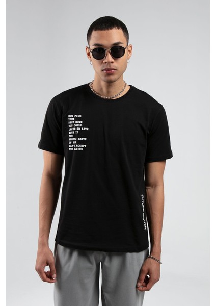 Siyah Bisiklet Yaka Kısa Kollu Baskılı %100 Pamuklu T-Shirt| EE10008844-8844