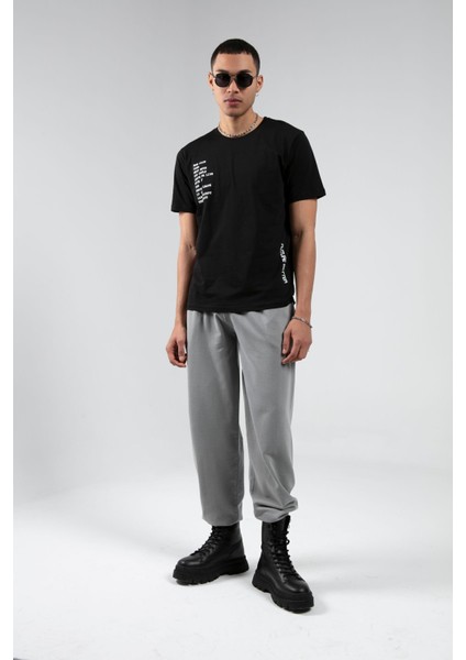 Siyah Bisiklet Yaka Kısa Kollu Baskılı %100 Pamuklu T-Shirt| EE10008844-8844 modelleri