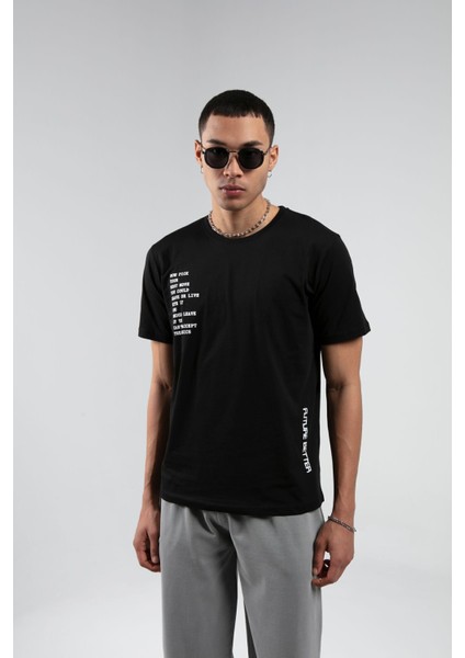 Siyah Bisiklet Yaka Kısa Kollu Baskılı %100 Pamuklu T-Shirt| EE10008844-8844 fırsatları