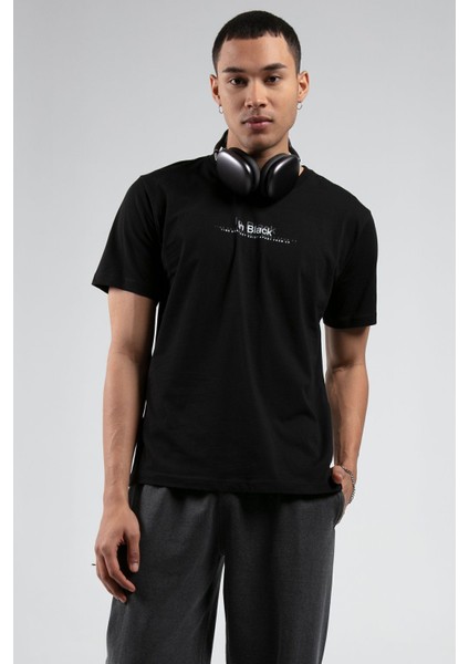 Siyah Bisiklet Yaka Kısa Kollu Baskılı %100 Pamuklu T-Shirt| EE10008848-8848