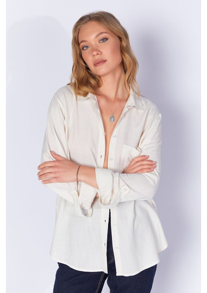 Naturel Cepli Keten Efektli Kadın Gömlek| MKS163420-01-3420