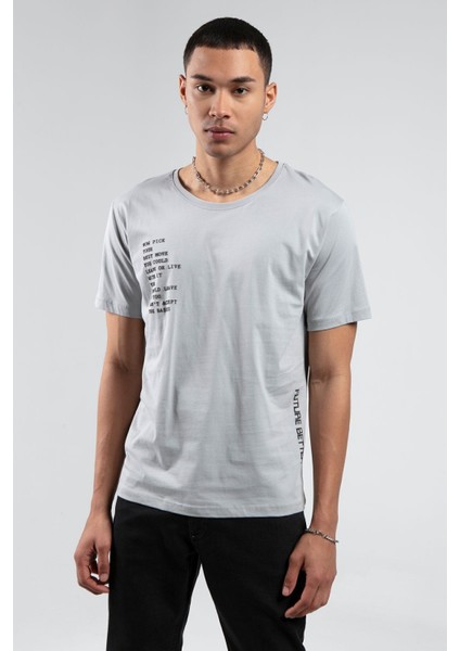 Boyama Gri Bisiklet Yaka Kısa Kollu Baskılı %100 Pamuklu T-Shirt| EE10008844-8844