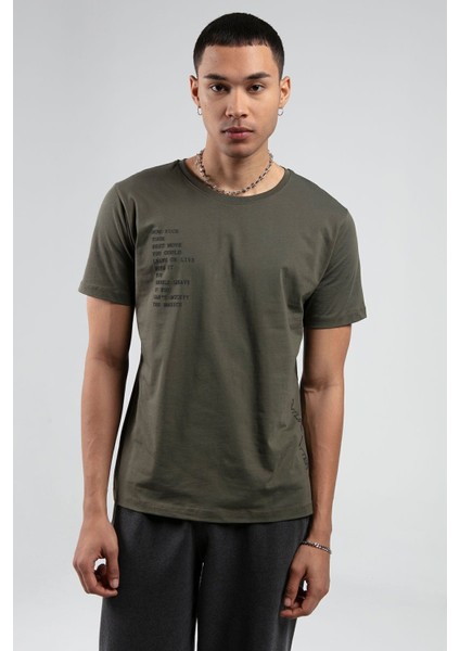 Haki Bisiklet Yaka Kısa Kollu Baskılı %100 Pamuklu T-Shirt| EE10008844-8844