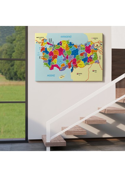 Türkiye Haritası Kanvas Tablo Il ve Ilçeli Ayrıntılı Eğitici Komşulu Dekoratif Tablo 3005 indirimleri