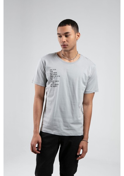 Boyama Gri Bisiklet Yaka Kısa Kollu Baskılı %100 Pamuklu T-Shirt| EE10008844-8844