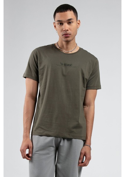 Haki Bisiklet Yaka Kısa Kollu Baskılı %100 Pamuklu T-Shirt| EE10008848-8848