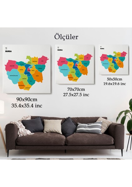 Bursa Ili ve Ilçeler Haritası Dekoratif Kanvas Tablo 1306