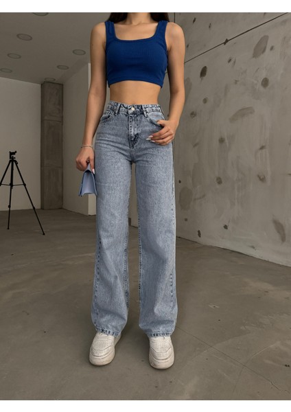 Kadın Açık Mavi Yüksek Bel Geniş Paça Bol,salaş Palazzo Jeans fiyatları