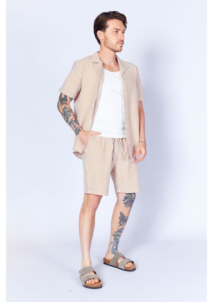 Camel Gofre Çizgili Jogger Beli Lastikli Erkek Şort | EES650453-0453