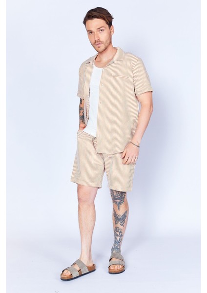 Camel Gofre Çizgili Jogger Beli Lastikli Erkek Şort | EES650453-0453 fiyatları