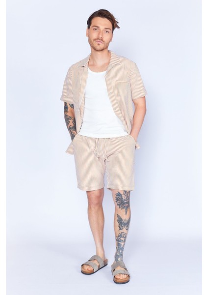 Camel Gofre Çizgili Jogger Beli Lastikli Erkek Şort | EES650453-0453 modelleri
