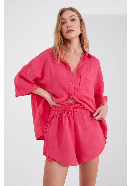 Fuşya Müslin Kadın Rahat Kesim Şort| EK1007205-7205
