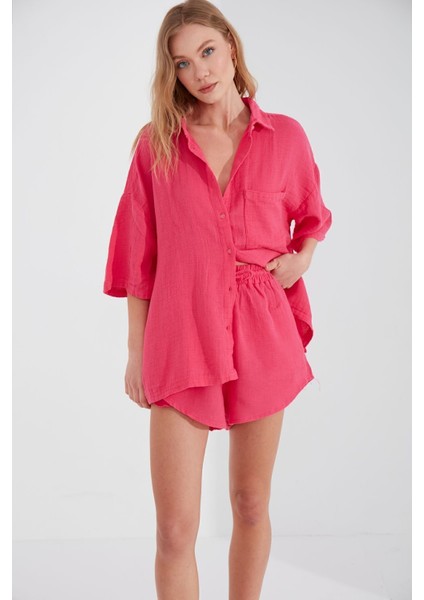 Fuşya Müslin Kadın Rahat Kesim Şort| EK1007205-7205 fiyatları