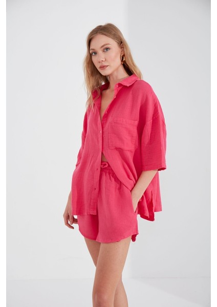 Fuşya Müslin Kadın Rahat Kesim Şort| EK1007205-7205 fırsatları