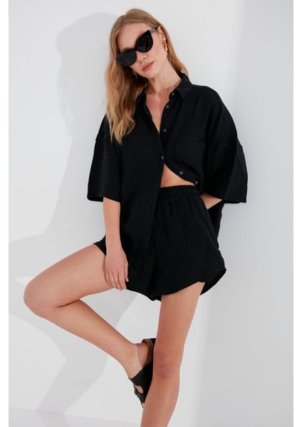 Siyah Müslin Kadın Rahat Kesim ŞORT-7205 fiyatları