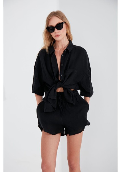 Siyah Müslin Kadın Rahat Kesim ŞORT-7205 fırsatları
