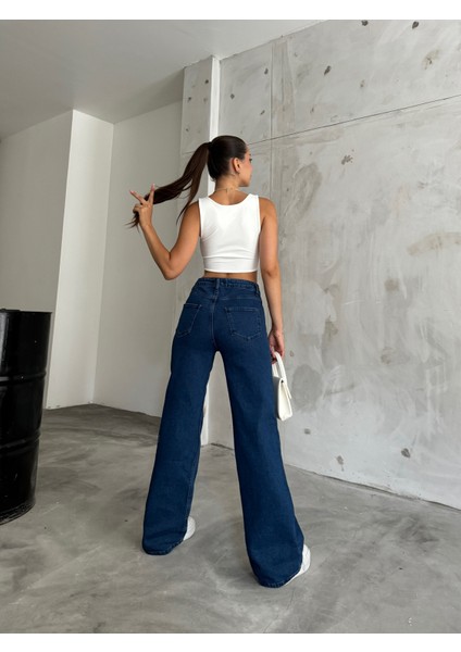 Lacivert Yüksek Bel Palazzo Jean modelleri